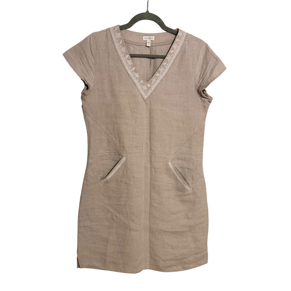 Garnet Hill Linen Embroidered Shift Dress Taupe Oatmeal Size 6 Beach Resort
